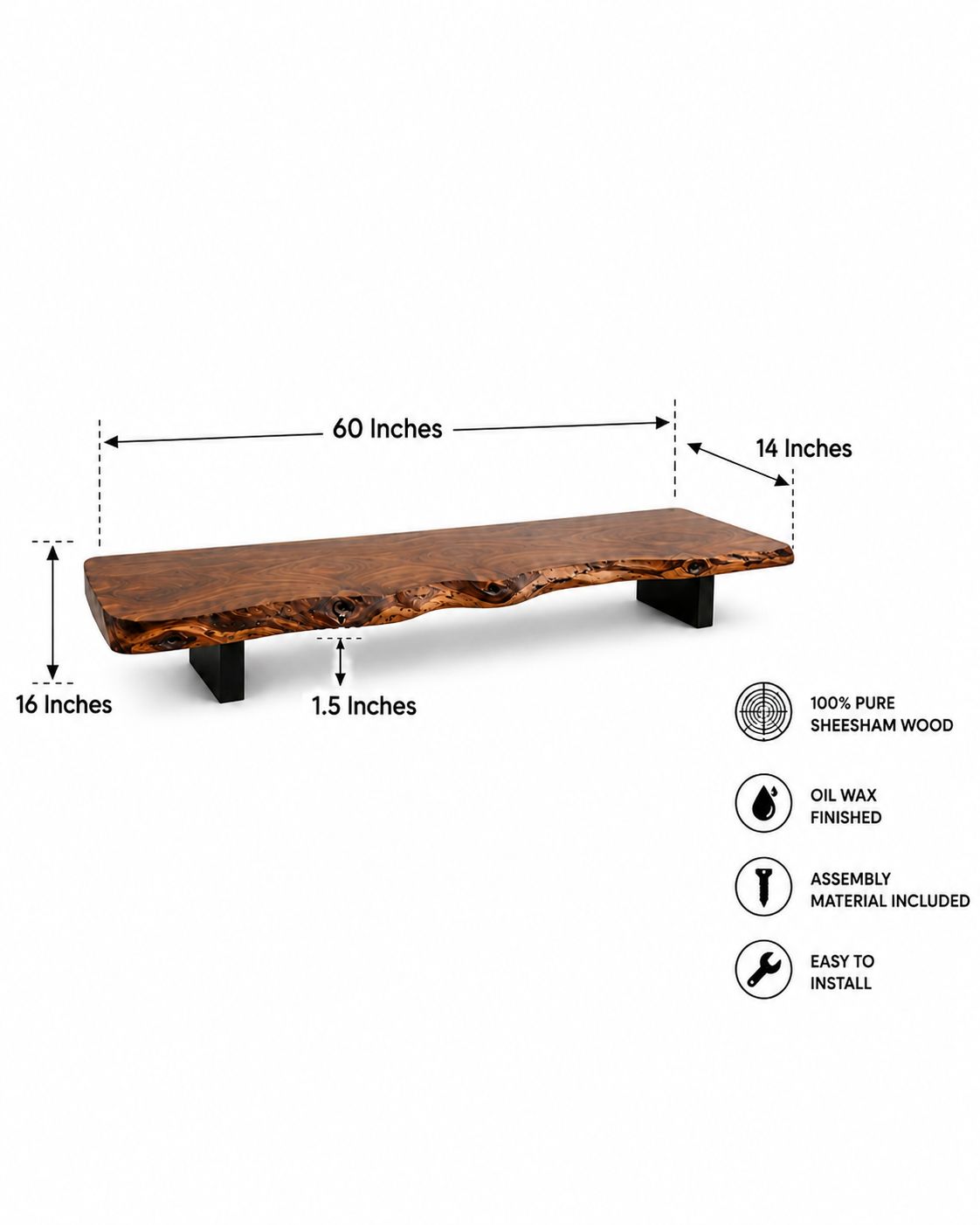 60 inch live edge Sheesham wood TV console with 14 inch depth and 1.5 inch thick top