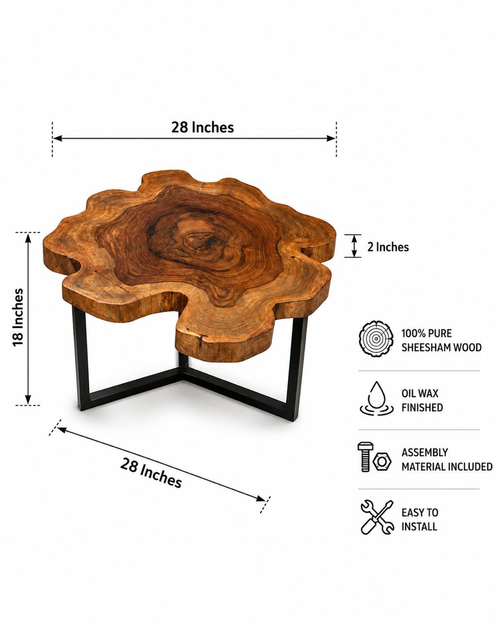 Solid Sheesham wood live edge coffee table with a black metal base in a contemporary living room