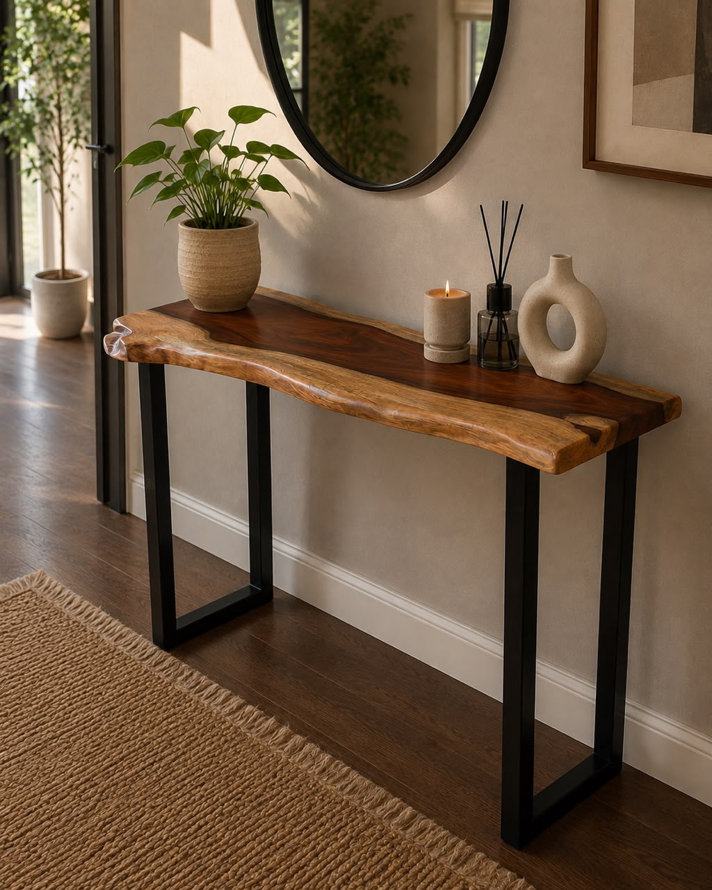 Live edge Sheesham wood console table with black metal base styled in a modern living room